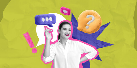 Poster - Woman with bright icons and speech bubbles on colorful backgroun