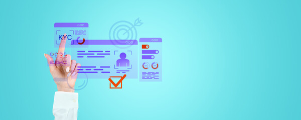 Fototapete - Digital KYC interface with a hand interacting with virtual approval checkboxes and icons on a blue background.