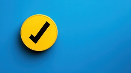 Poster - Bright yellow checkmark symbol on a vivid blue background, representing approval, success, and positivity in design.