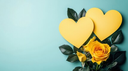 Wall Mural - Bright yellow hearts paired with a vibrant yellow rose on a teal background, perfect for romantic or celebratory themes.