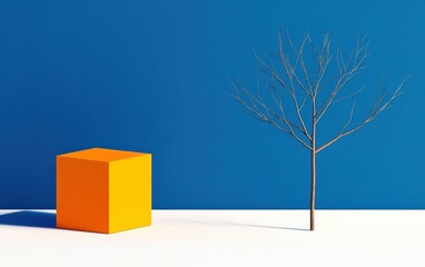 Poster - A minimalist scene featuring a vibrant orange cube beside a barren tree against a blue background, evoking creativity and simplicity.