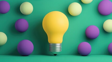 Poster - A vibrant yellow light bulb with colorful spheres in a playful arrangement against a teal background for modern design elements.