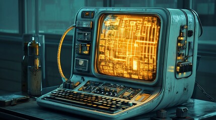 Poster - Vintage Computer with glowing circuit board display standing in a dimly lit room