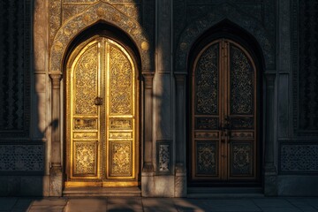 Aufkleber - Elegant golden doors illuminated by sunlight in a historic building entrance at dusk. Generative AI