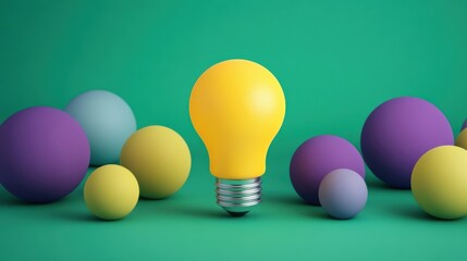 Poster - a vibrant yellow light bulb stands out among colorful spheres on a bright green background, symboliz
