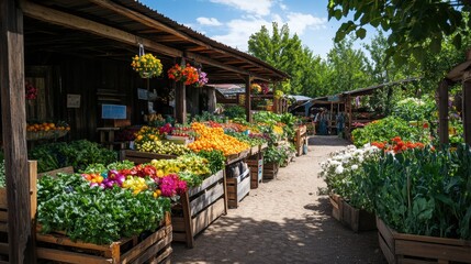 Aufkleber - Vibrant farmer market with colorful produce and bustling activity on a sunny day in a rural location. Generative AI