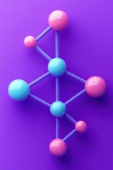 Poster - Abstract molecular structure with colorful spheres on a vibrant purple background, ideal for science and technology themes.