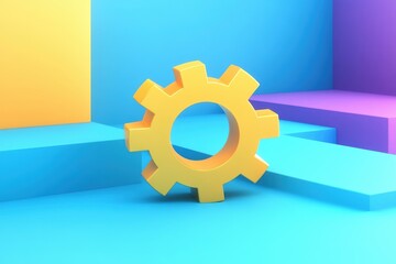 Poster - A vibrant, stylized yellow gear rests on colorful geometric shapes, symbolizing innovation and creativity in design.