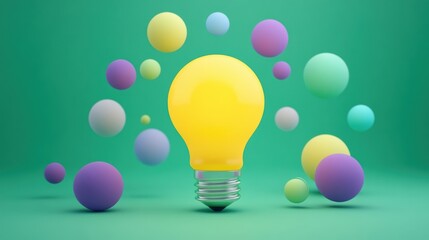 Poster - bright yellow light bulb surrounded by colorful spheres, symbolizing creativity and innovative ideas