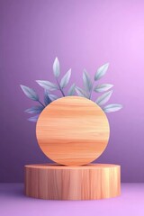 Poster - A minimalist display featuring wooden platforms and soft green foliage against a serene purple background, perfect for product showcases.