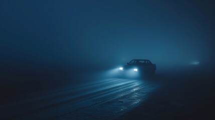 Wall Mural - The car is driving through the snow at night. The headlights are on and the car is leaving a trail of snow behind it.