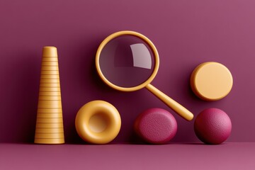 Poster - Colorful geometric shapes and a magnifying glass arranged on a bold backdrop, creating a visually striking composition.