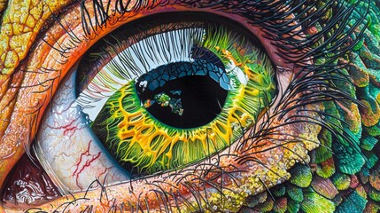 Wall Mural - Intricate close-up of a vibrant reptile eye showcasing detailed textures and colors in nature's art