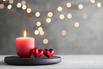 Poster - A romantic composition featuring a glowing candle and red heart decorations, perfect for love-themed projects. Warm, inviting atmosphere.