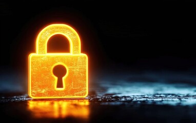 Poster - A glowing orange padlock symbolizing security and protection against cyber threats in a dark environment.