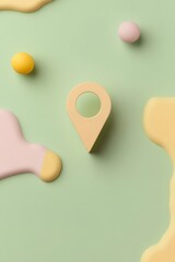 Poster - A creative flat lay with a location pin and colorful shapes on a pastel background, perfect for modern design projects.
