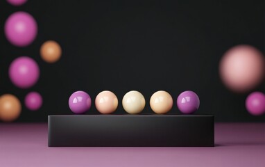 Poster - Colorful spheres arranged on a minimalistic platform create a vibrant and modern aesthetic against a dark background.