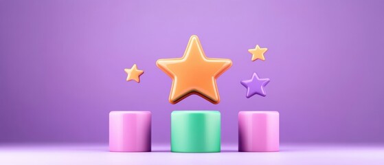 Poster - Colorful shapes featuring stars and cylinders on a playful purple background, perfect for designs and creative projects.
