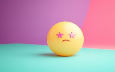 Poster - Whimsical yellow emoji ball with star eyes on a colorful pastel background representing mixed emotions and playful design.