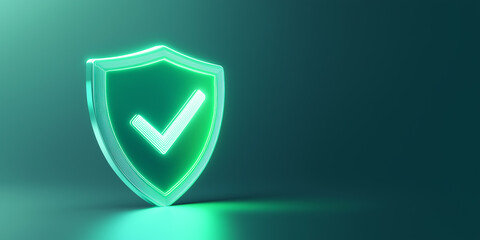 Poster - futuristic glowing green shield with check mark symbol representing protection, security, and assura