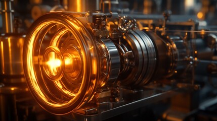 Poster - Close-up of intricate machinery with golden glowing light emanating from the center