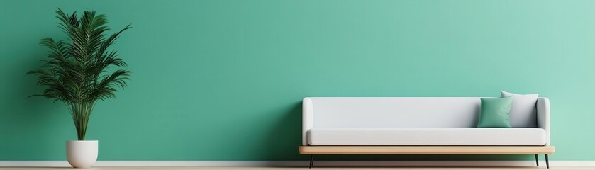 Poster - A minimalist living space featuring a white sofa against a vibrant teal wall, complemented by a potted plant for a fresh touch.