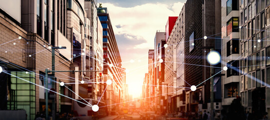 Poster - city, society, network, commerce, business, store, shopping district, e-commerce, economy, finance, dx, digital transformation, internet, online, web, wi-fi, line, radio wave, blockchain, block chain,