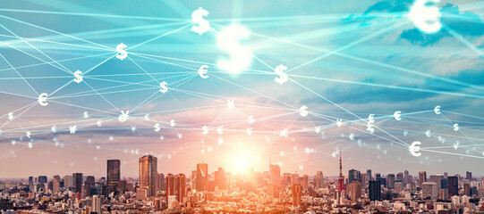 Poster - finance, economy, network, technology, money, exchange, market, society, city, japan, tokyo, dollar, yen, euro, currency, foreign currency, forex, foreign exchange, investment, asset management, block