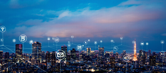 Poster - network, app, sns, society, city, business, gps, location information, dx, iot, smart city, internet, online, web, social media, future, data, communication, development, japan, tokyo, cyber, diffusio