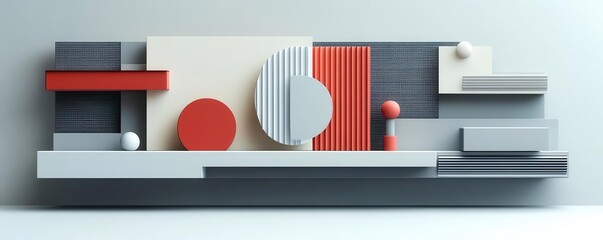 Poster - A modern abstract composition featuring geometric shapes in red, white, gray, and black, creating a striking visual balance.
