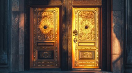Aufkleber - Decorative golden doors illuminated by sunlight in an elegant architectural setting during the evening. Generative AI