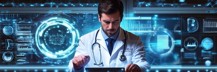 Fototapete - Healthcare professional analyzes patient data using advanced technology in a modern medical environment. Generative AI