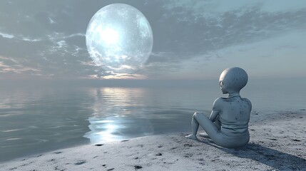 an alien sitting on a beach watching the reflection of cosmic phenomena in the calm waters