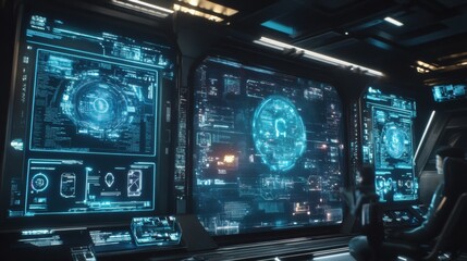 Fototapete - Futuristic control room features advanced technology and holographic displays showcasing data analysis in a sci fi setting. Generative AI