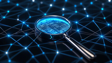 Poster - futuristic digital magnifying glass icon glowing on network background, symbolizing technology and innovation. intricate design highlights connectivity and data analysis