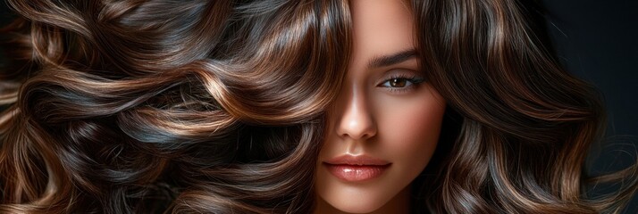 Poster - Beautiful woman with long, flowing hair showcasing shine and volume in a studio setting during a fashion shoot. Generative AI