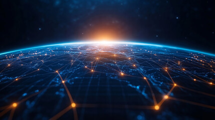 Poster - digital world map with glowing network connections, showcasing vibrant sunrise over horizon. interconnected lines represent global communication and technology