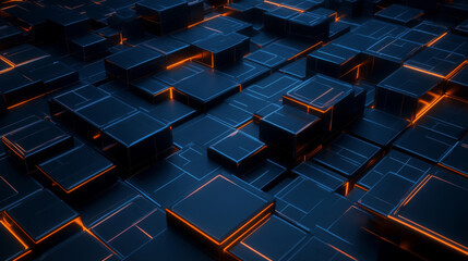 Poster - Futuristic abstract digital landscape with glowing orange lines and dark blocks. This visually striking design evokes sense of depth and technology