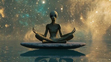 an alien seated on a floating platform observing the infinite wonders of the cosmos