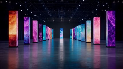 Poster - Illuminated Pillars in Dark Exhibition Hall