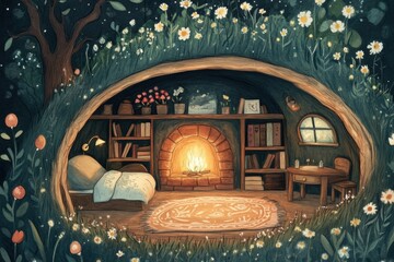 Aufkleber - Cozy interior of a whimsical underground home with a glowing fireplace and charming decor in a flower filled environment. Generative AI