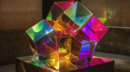 Poster - Abstract Sculpture of Intersecting Cubes with a Prism Effect and Colorful Reflections
