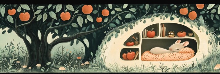 Poster - Cozy rabbit sleeping peacefully in a fruit filled nook under a tree in a serene garden setting. Generative AI