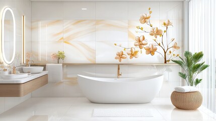 Poster - A chic bathroom with floral motifs on the tiles, offering a refreshing and soothing atmosphere that brings nature into the space with soft, vibrant hues