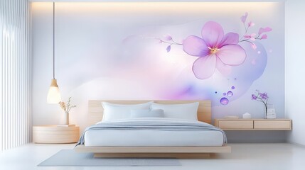 Poster - A collection of pastel watercolor florals on the wall, creating a light and airy ambiance in a fresh, modern bedroom with a relaxed and comforting vibe