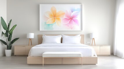 Poster - A collection of pastel watercolor florals on the wall, creating a light and airy ambiance in a fresh, modern bedroom with a relaxed and comforting vibe