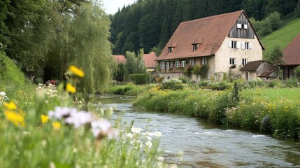 Poster - Charming countryside house by the river in a lush green landscape during early morning light. Generative AI