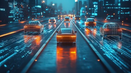 Poster - A futuristic city with electric autonomous vehicles moving smoothly on smart roads, highlighting smart transportation solutions for the future.