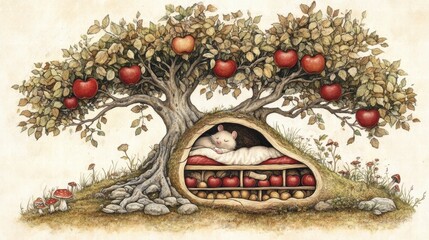 Poster - Cozy scene under an apple tree with a sleeping figure nestled in a delightful wooden alcove. Generative AI