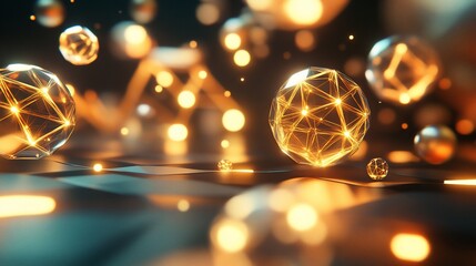 Poster - Abstract glowing spheres with geometric patterns in dark background and bokeh effect